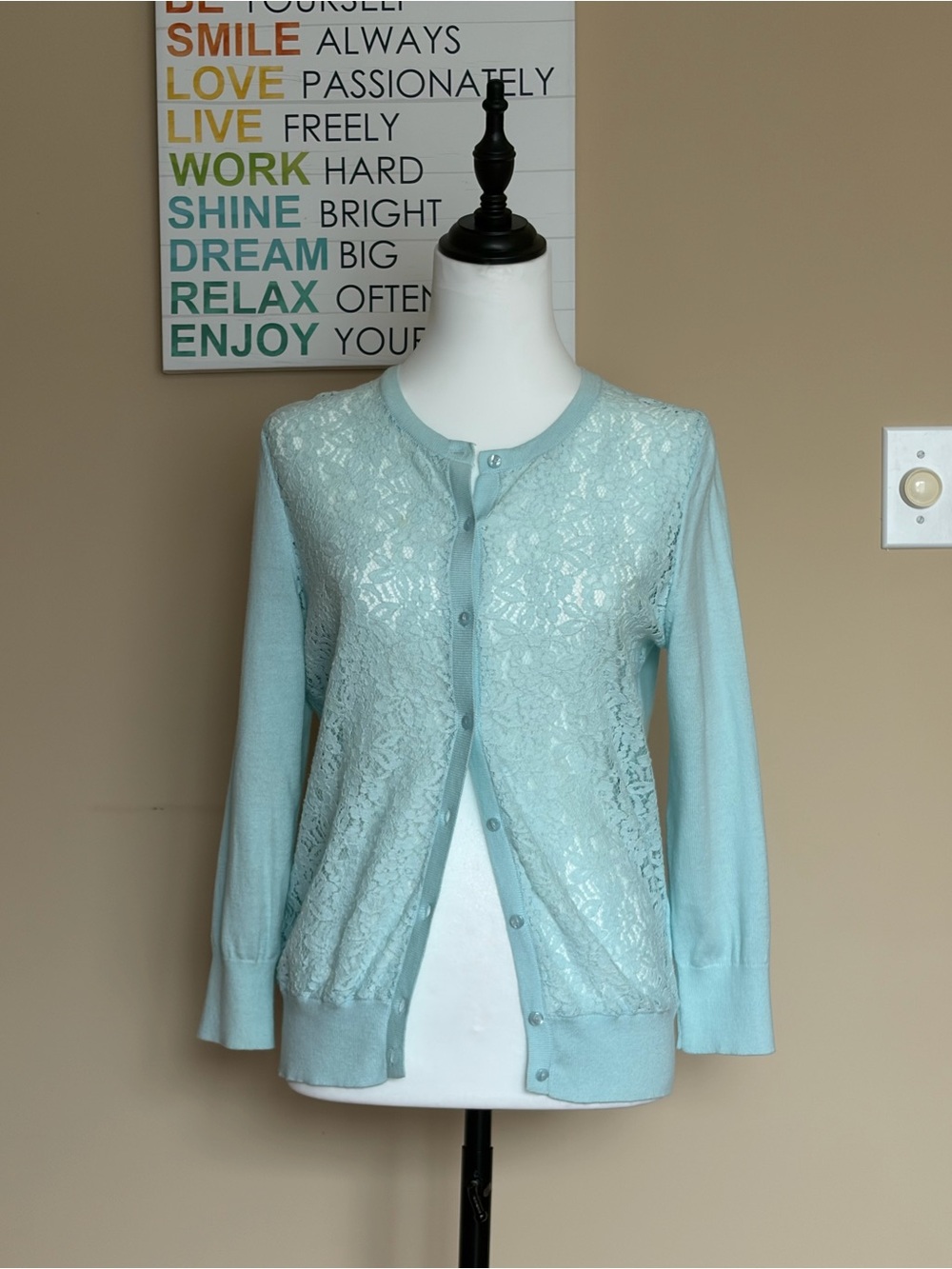 LOFT Light Blue Lace Front-Button Cardigan Sweater